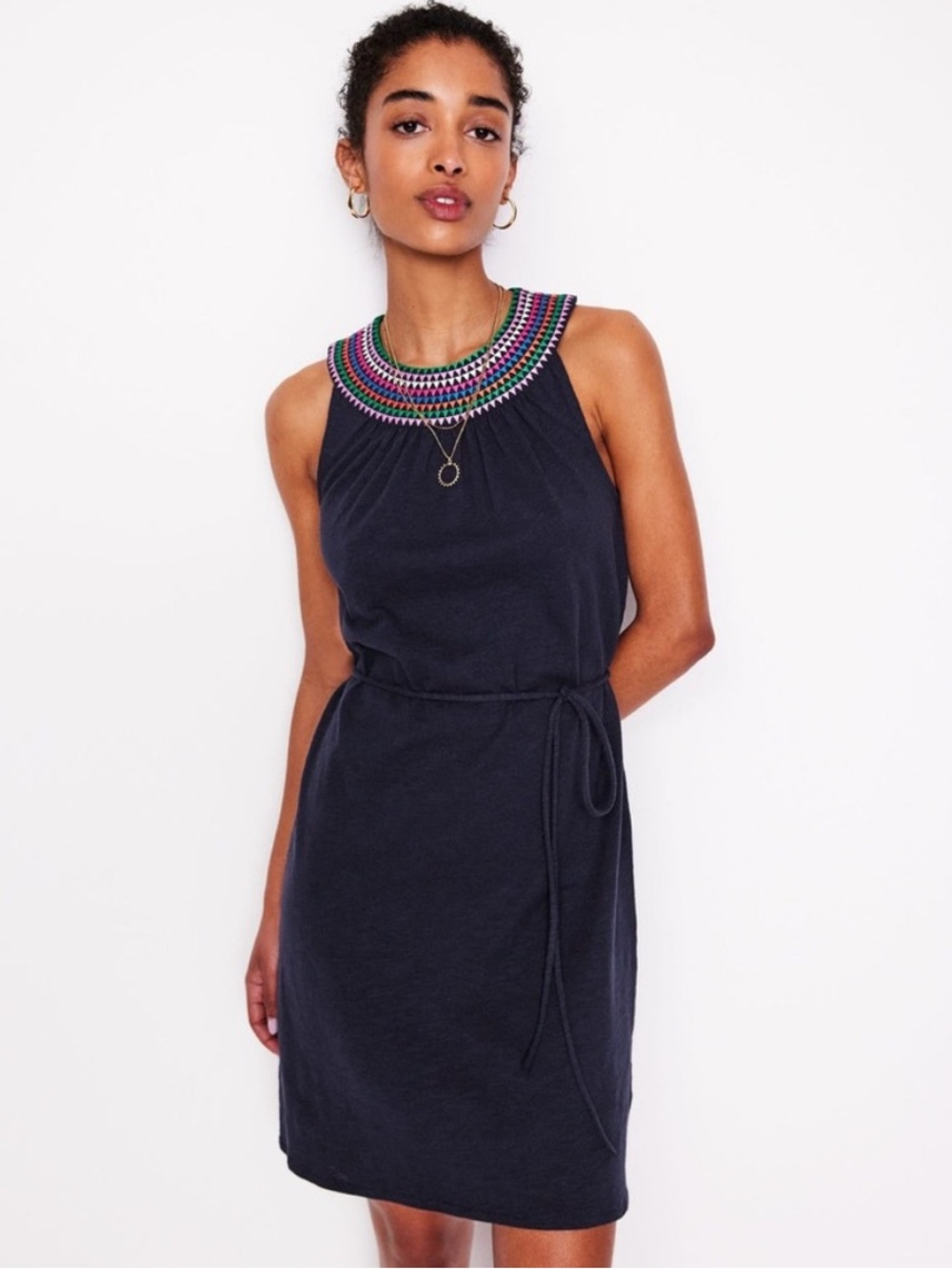 Boden Eleni Cotton Jersey Knit Embroidered Mini Dress Navy Blue US 4 Regular